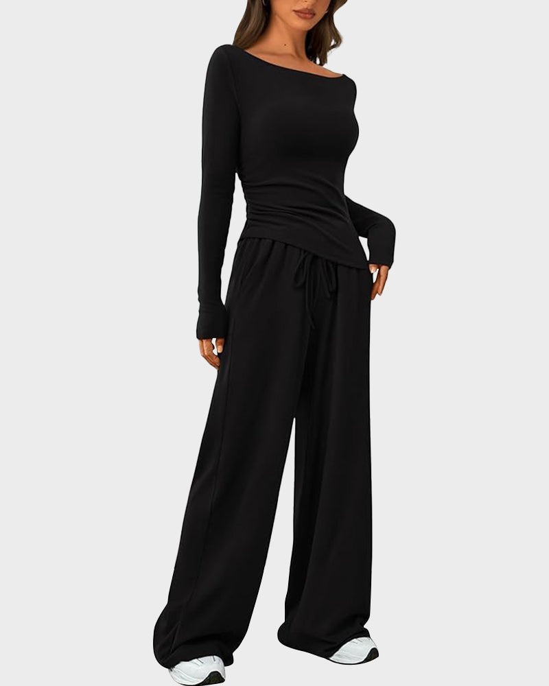 LilyCurve Long Sleeve Tee & Wide Leg Pants 2 Piece Lounge Set in BK