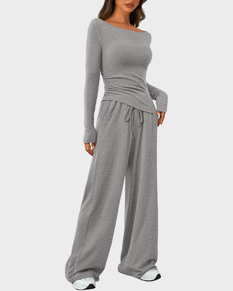LilyCurve Long Sleeve Tee & Wide Leg Pants 2 Piece Lounge Set in GY