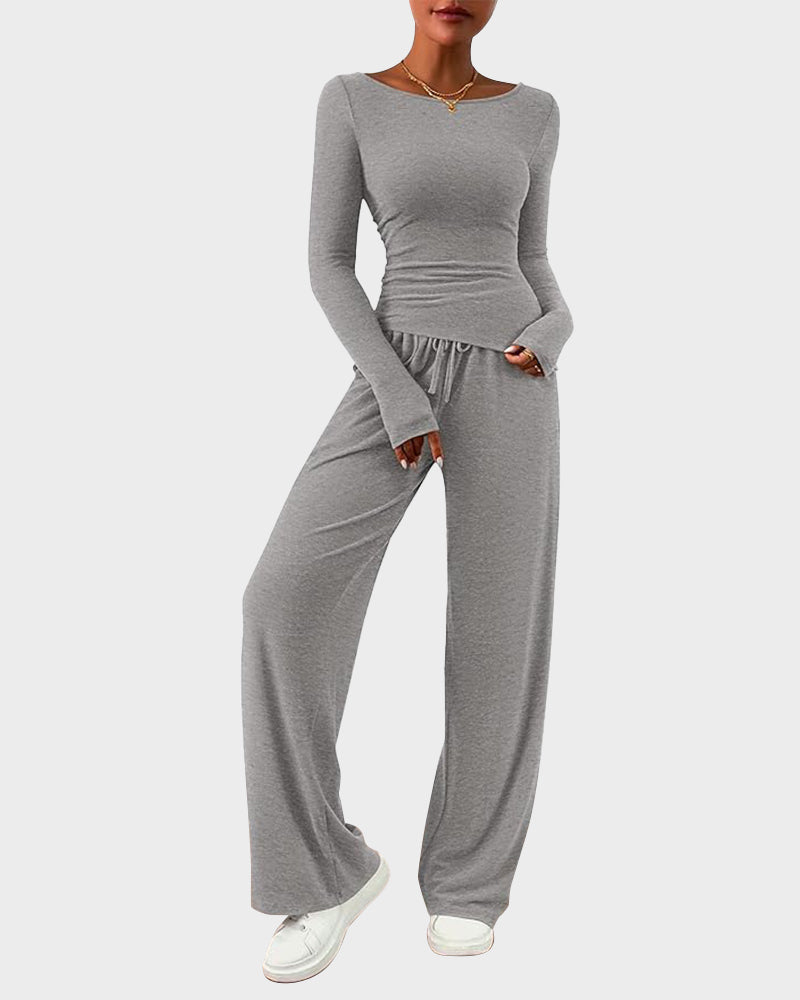 LilyCurve Long Sleeve Tee & Wide Leg Pants 2 Piece Lounge Set in GY