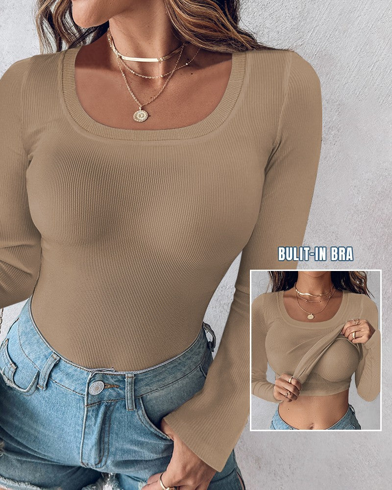 LilyCurve Long Sleeve Ribbed Fitted Top with Built-In Bra in GR