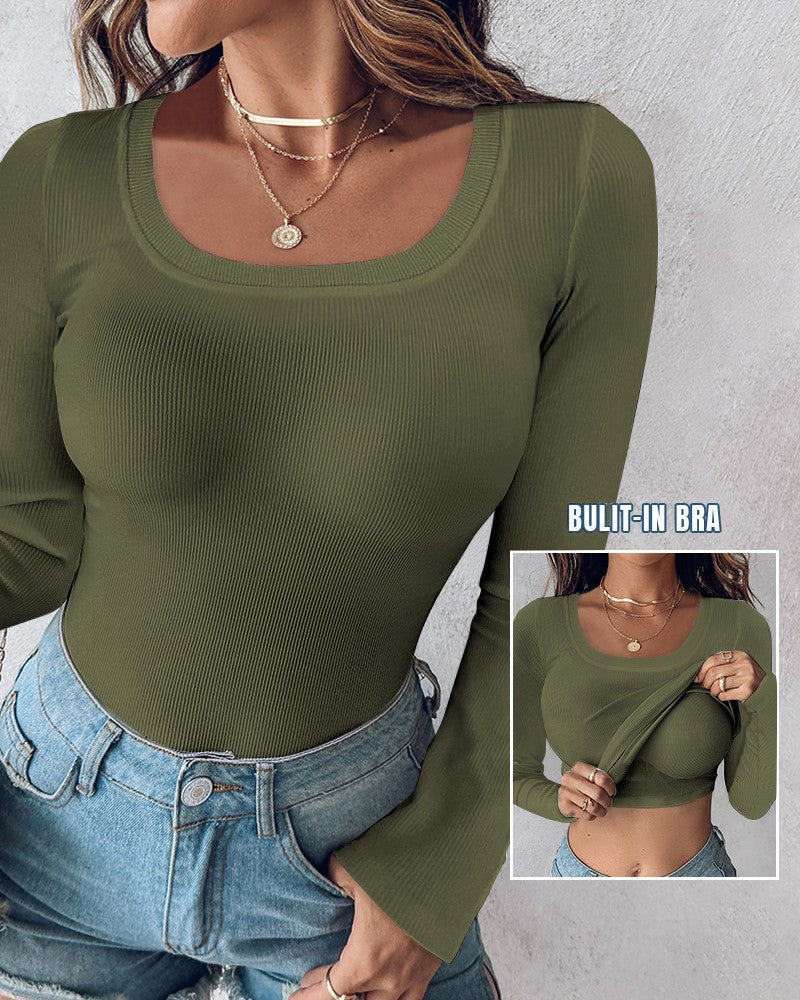 LilyCurve Long Sleeve Ribbed Fitted Top with Built-In Bra in BK