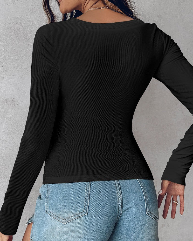 LilyCurve Long Sleeve Ribbed Fitted Top with Built-In Bra in BK