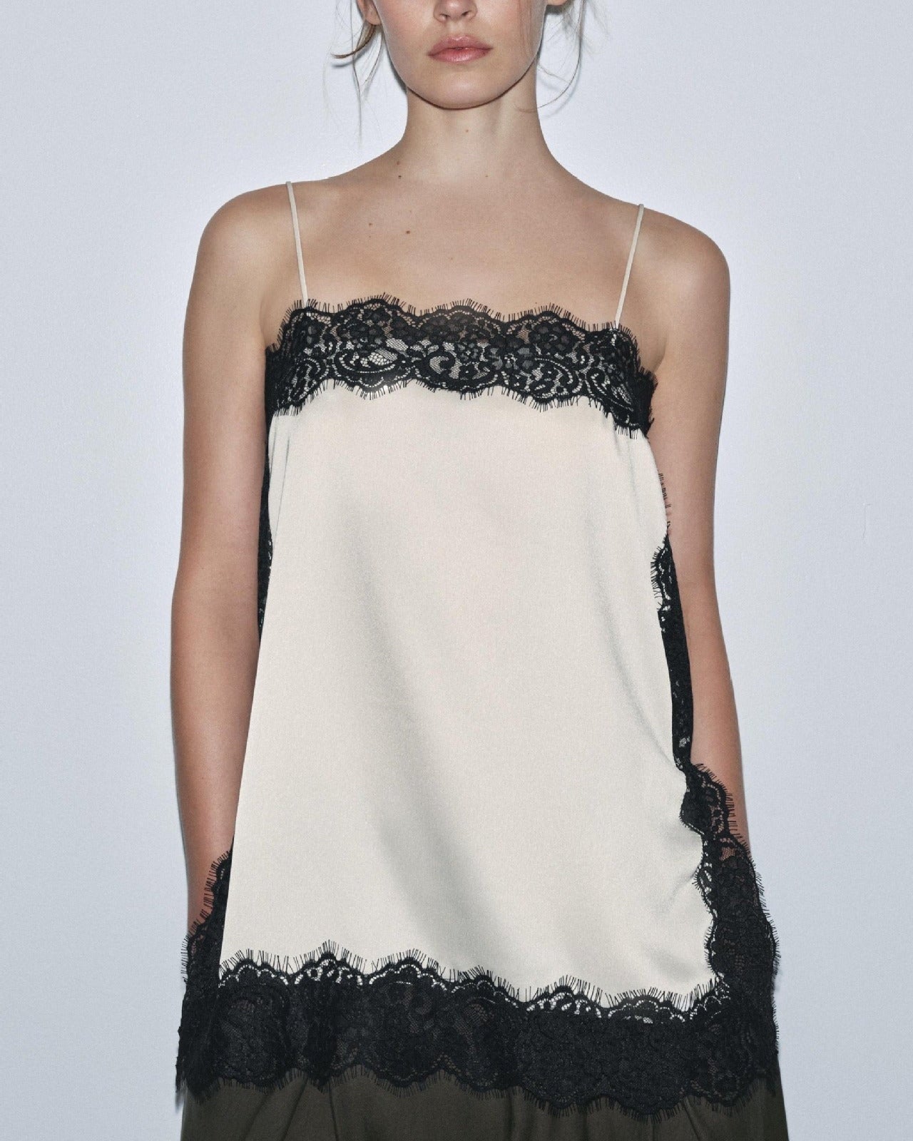 Contrast Black Lace Trim Satin Camisole Top