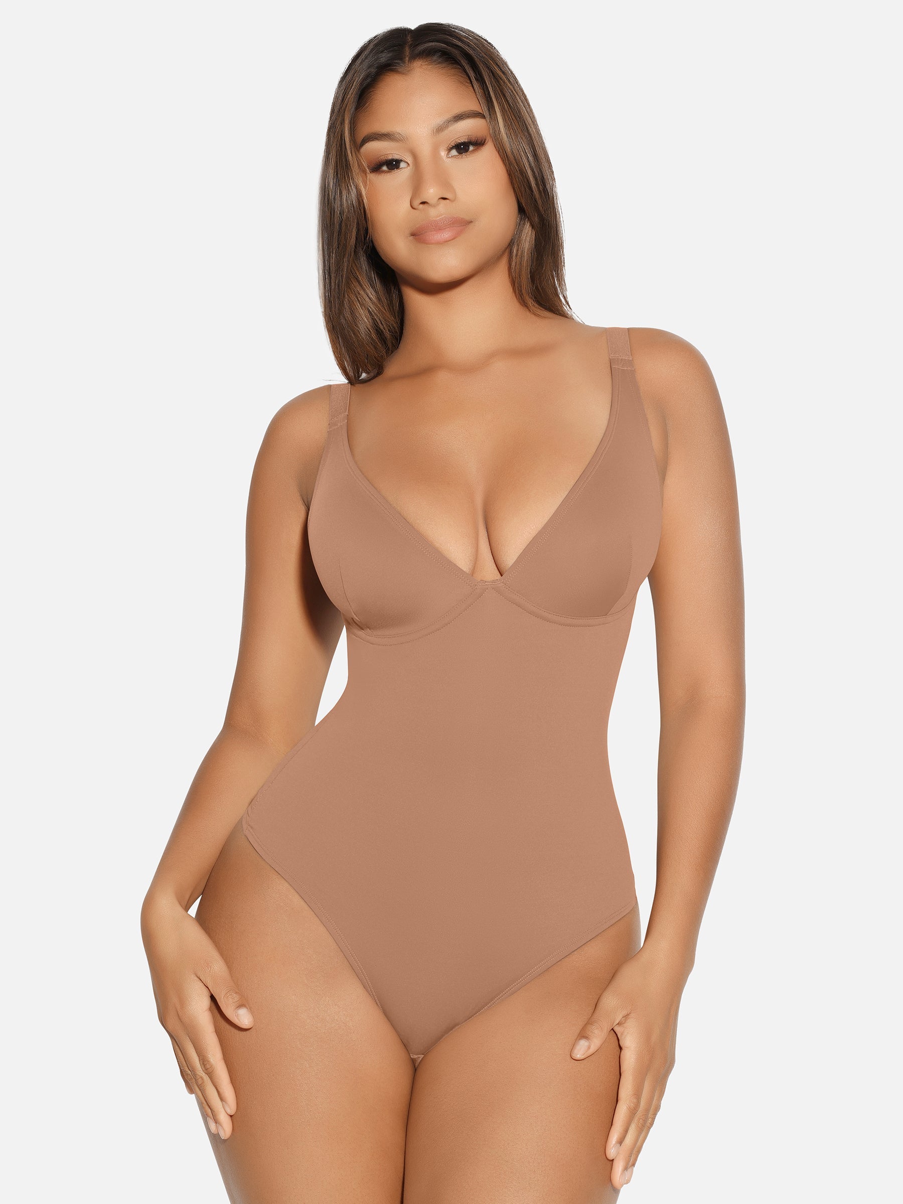 V-Neck Tummy Control Sculpt Bodysuit - V-neck Thong - Ash Khaki - View 44