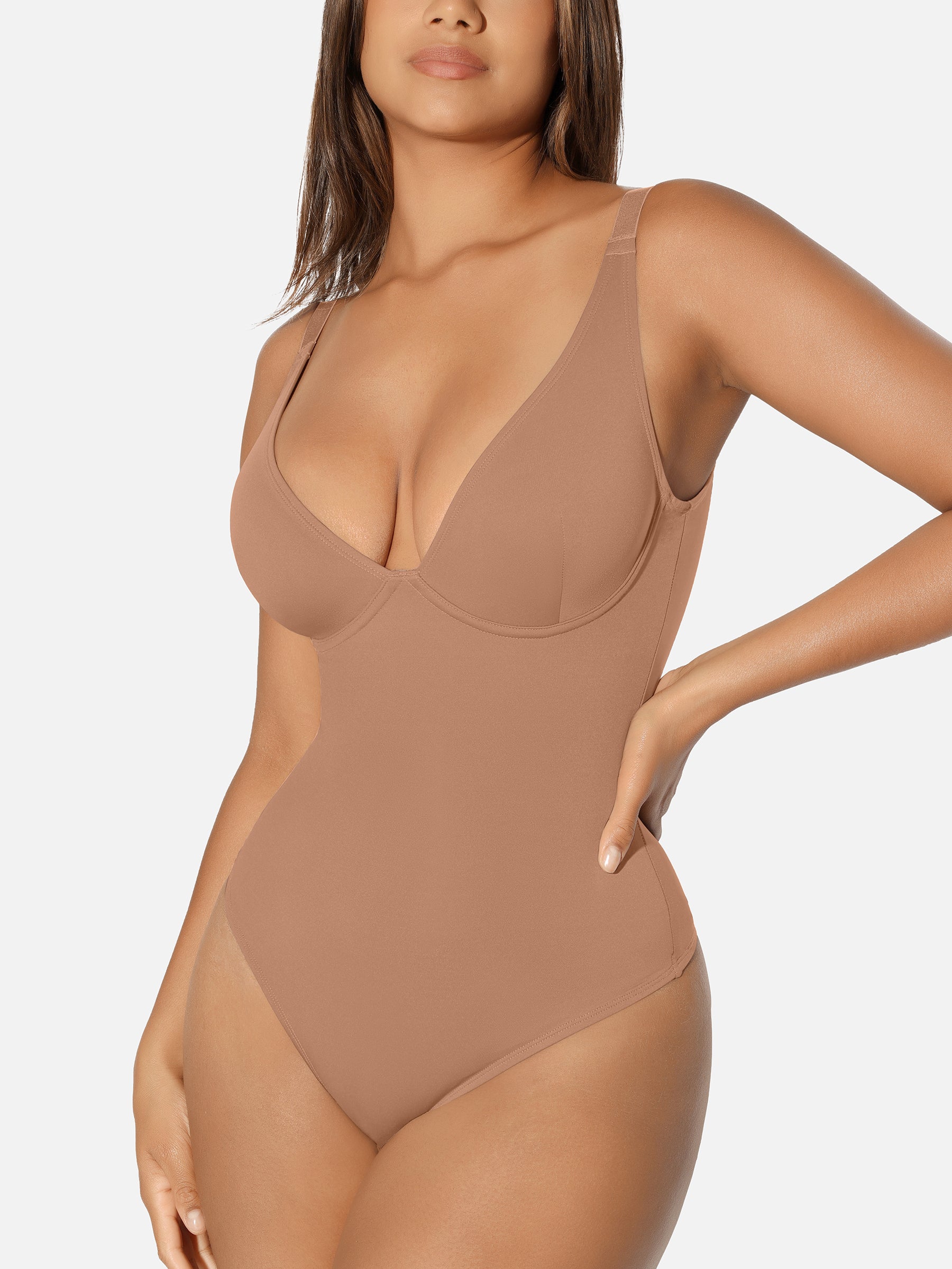 V-Neck Tummy Control Sculpt Bodysuit - V-neck Thong - Ash Khaki - View 45