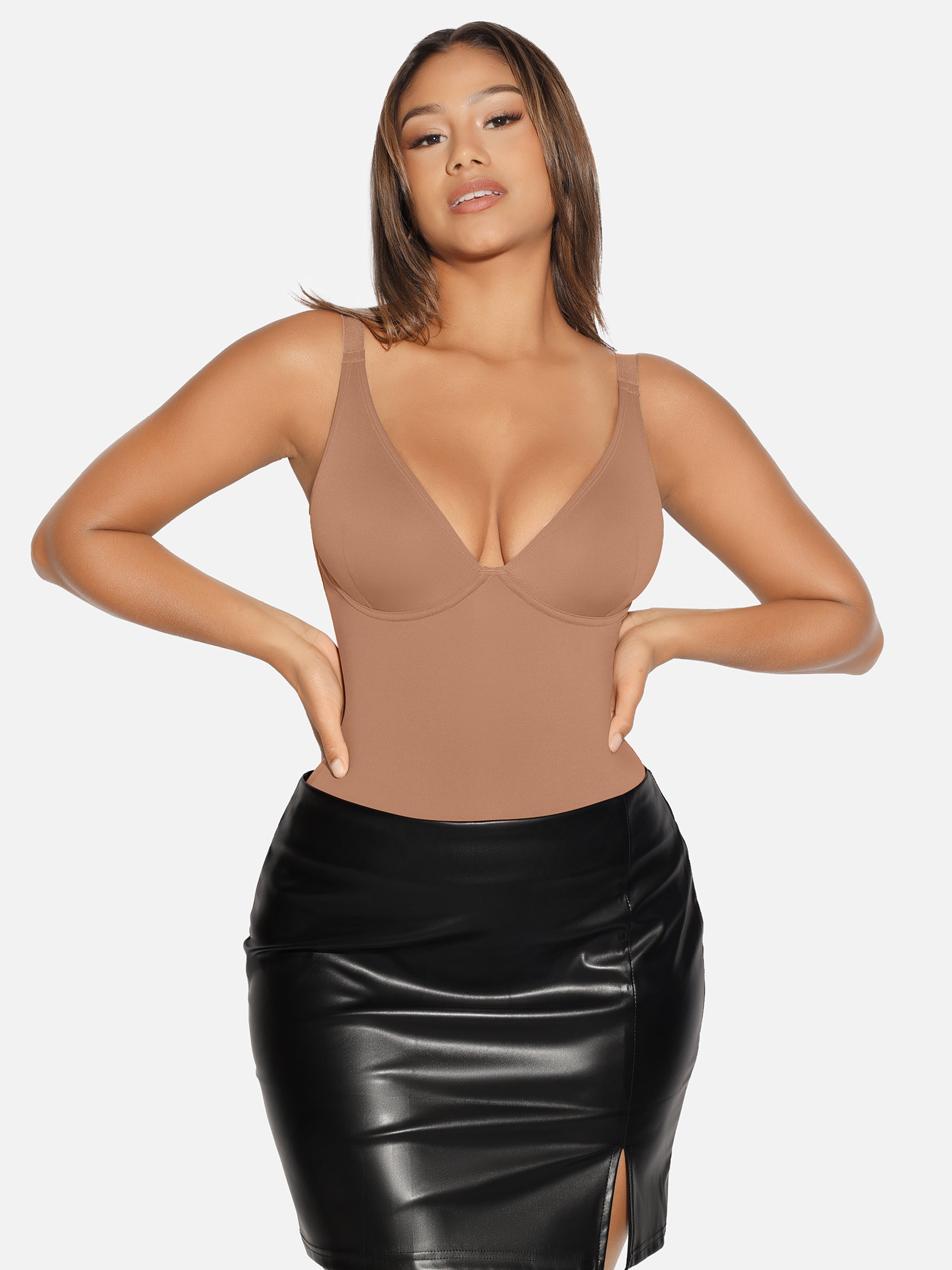V-Neck Tummy Control Sculpt Bodysuit - V-neck Thong - Ash Khaki - View 43