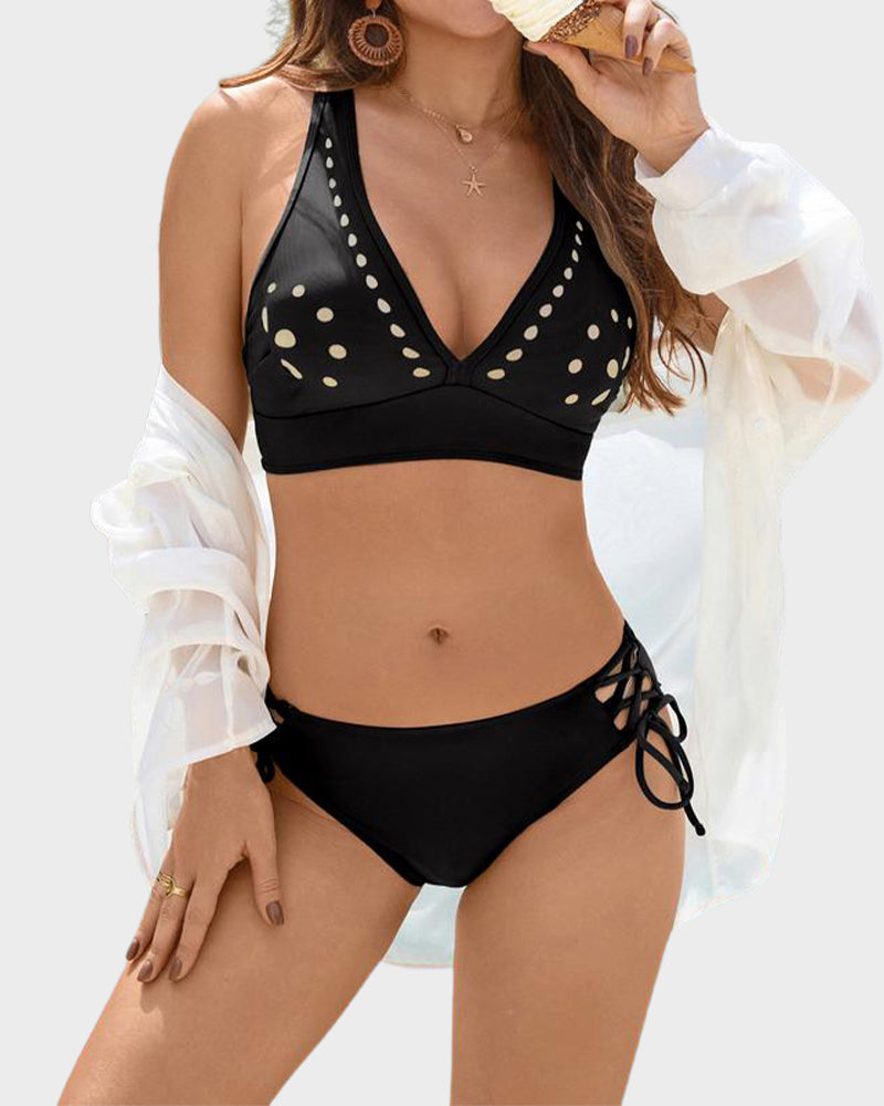 LilyCurve Petal Hollow V-Neck Two-Piece String Bikini Set in BK