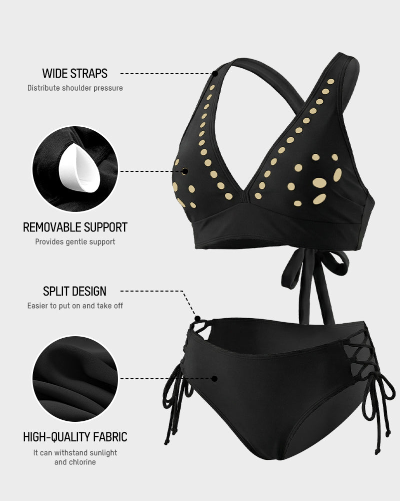 LilyCurve Petal Hollow V-Neck Two-Piece String Bikini Set in GR