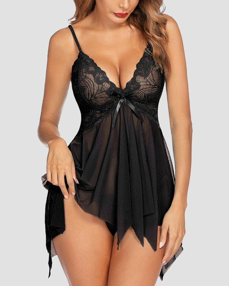 LilyCurve Sheer Lace Babydoll Lingerie with G-String in BK