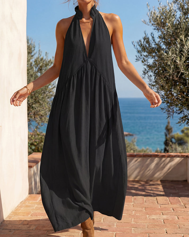 Slimming Flowy Halter Maxi Dress with Pockets - Khaki