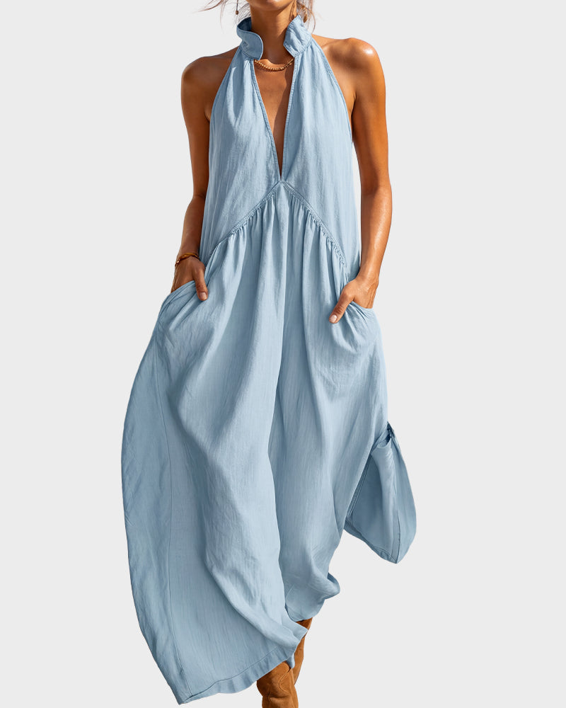 Slimming Flowy Halter Maxi Dress with Pockets - Blue