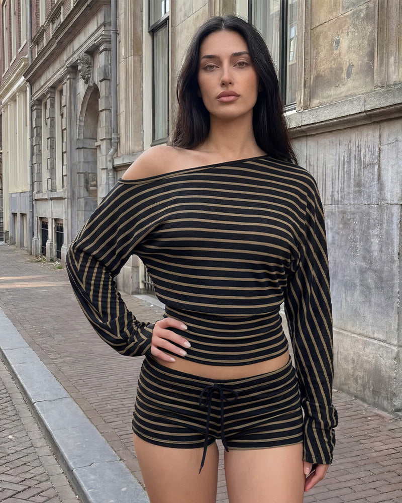Stripe Batwing Loungewear Set - Black