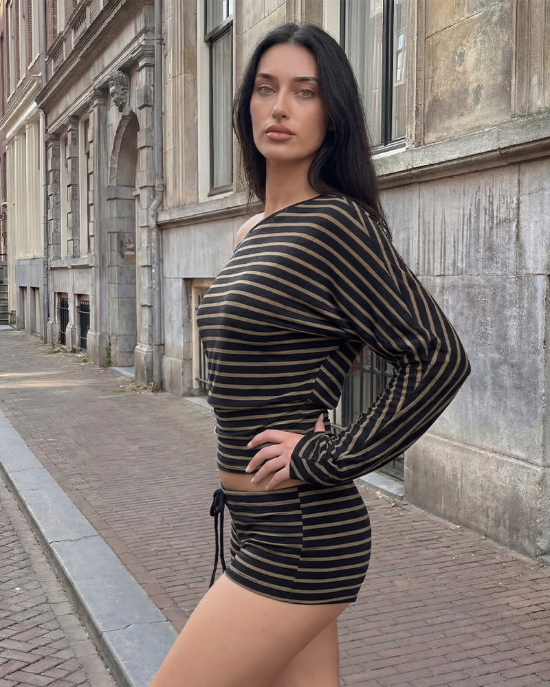 Stripe Batwing Loungewear Set - Black