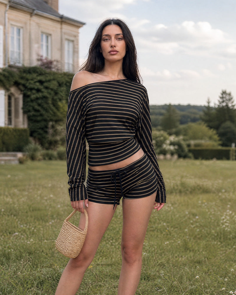 Stripe Batwing Loungewear Set - Black