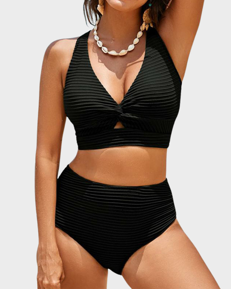 LilyCurve Textured Knot-Front High-Waisted Bikini Set in GR