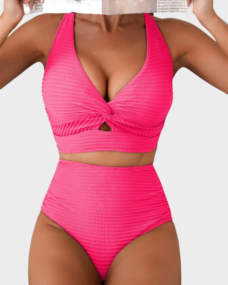 LilyCurve Textured Knot-Front High-Waisted Bikini Set in BK