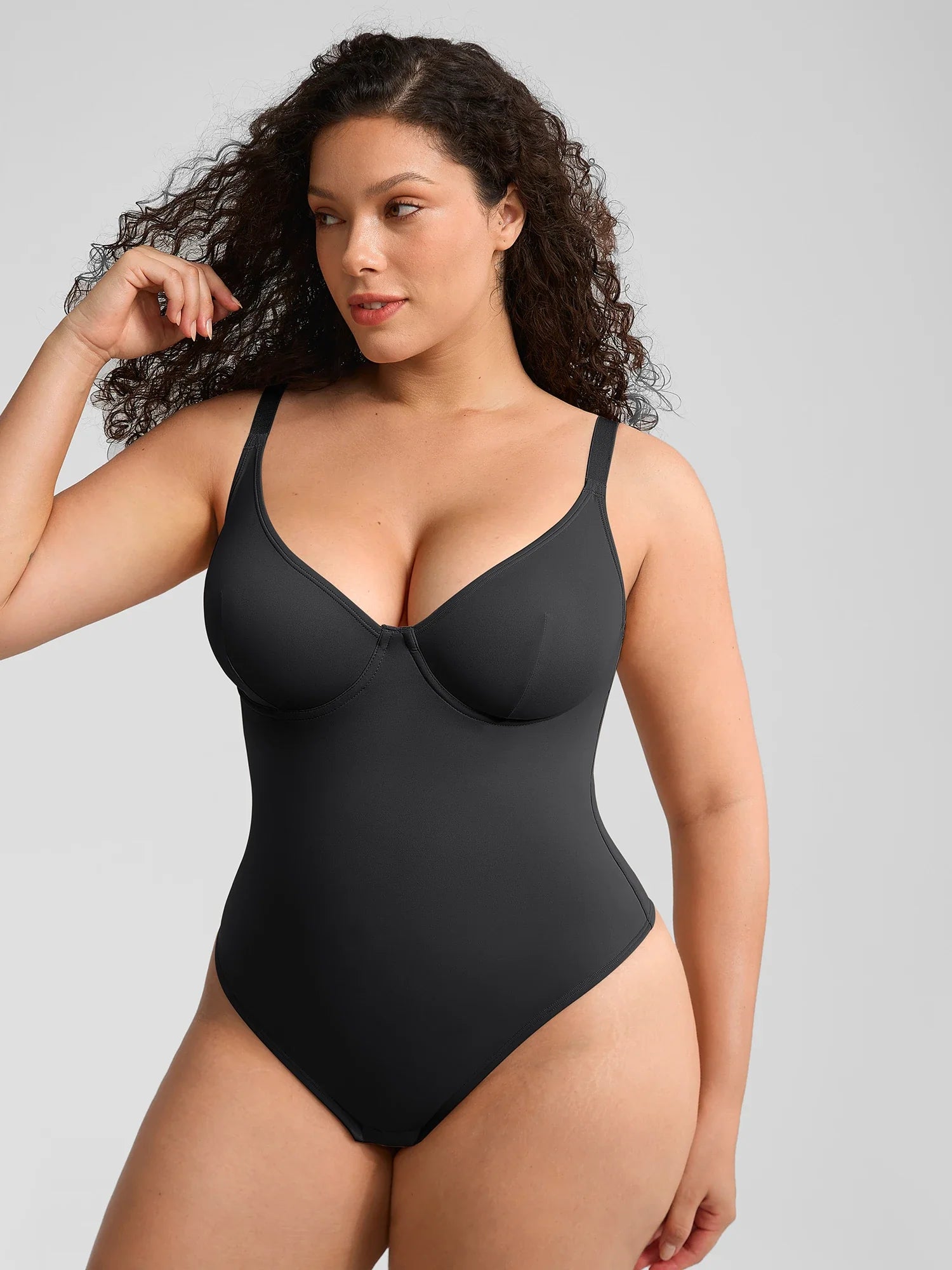 V-Neck Tummy Control Sculpt Bodysuit - V-neck Thong - Black - View 7