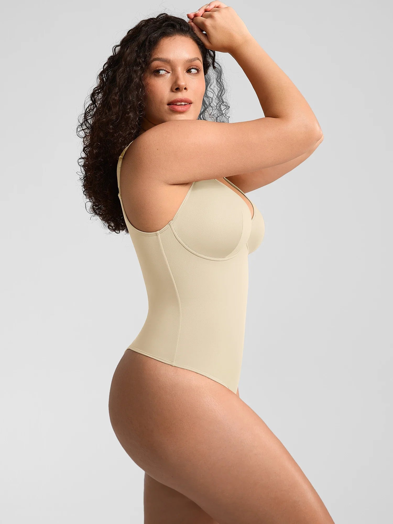 V-Neck Tummy Control Sculpt Bodysuit - V-neck Thong - Mocha Brown - View 77