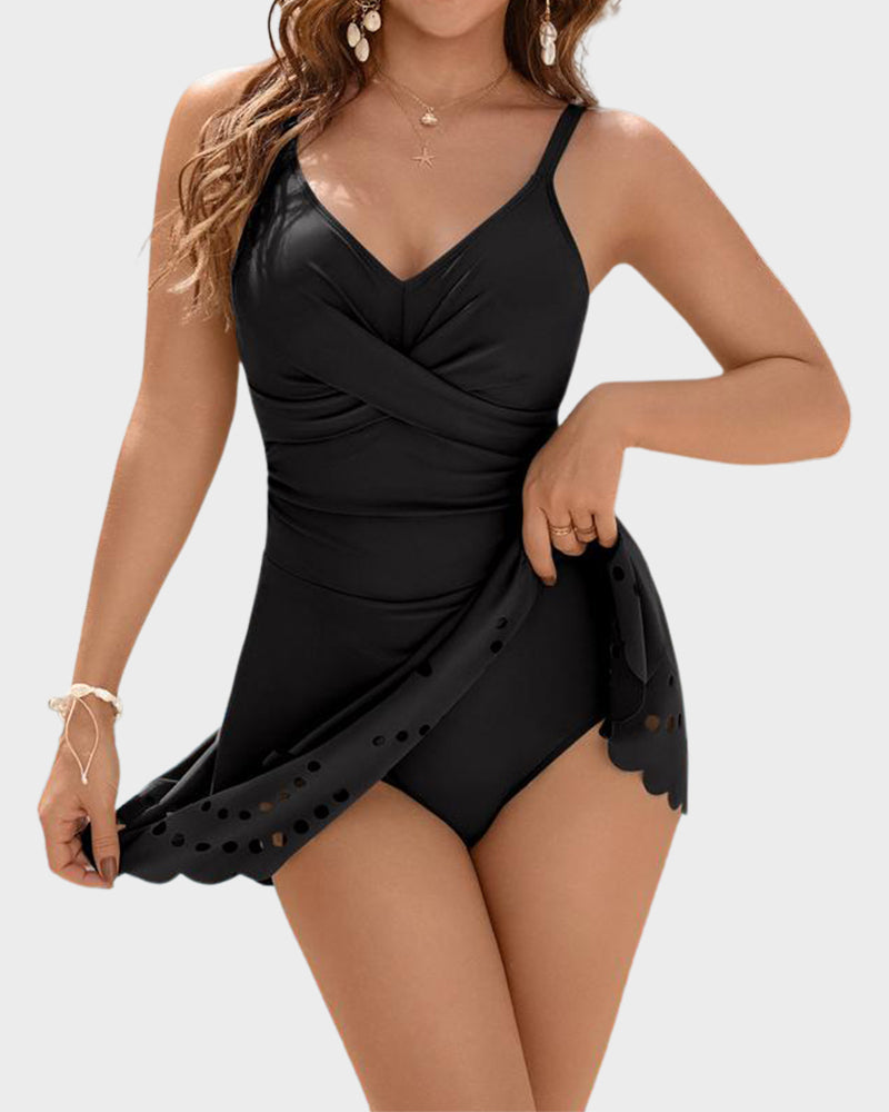 LilyCurve V-Neck Tummy Control Modest Swimdress in BL
