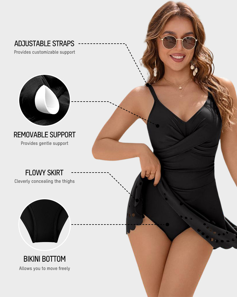 LilyCurve V-Neck Tummy Control Modest Swimdress in BK