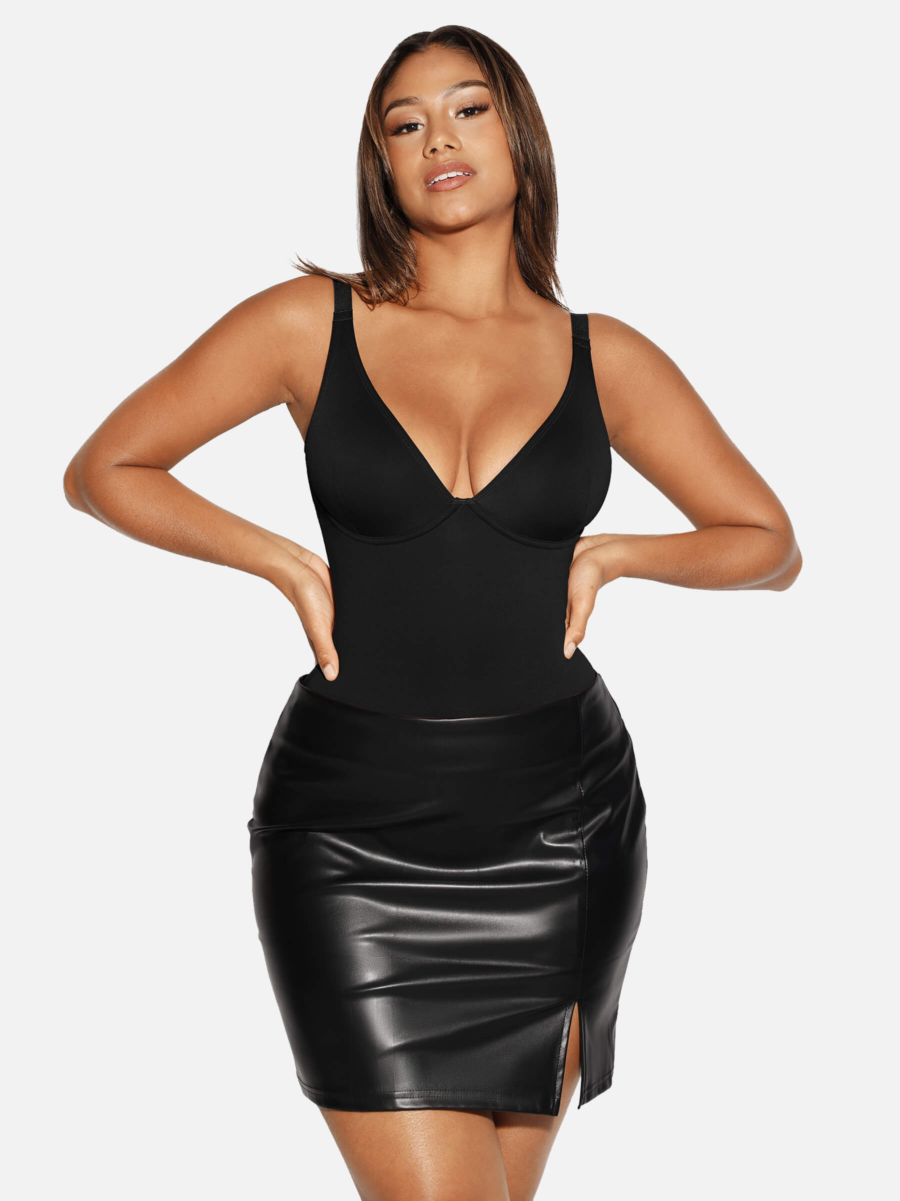 V-Neck Tummy Control Sculpt Bodysuit - V-neck Thong - White - View 9