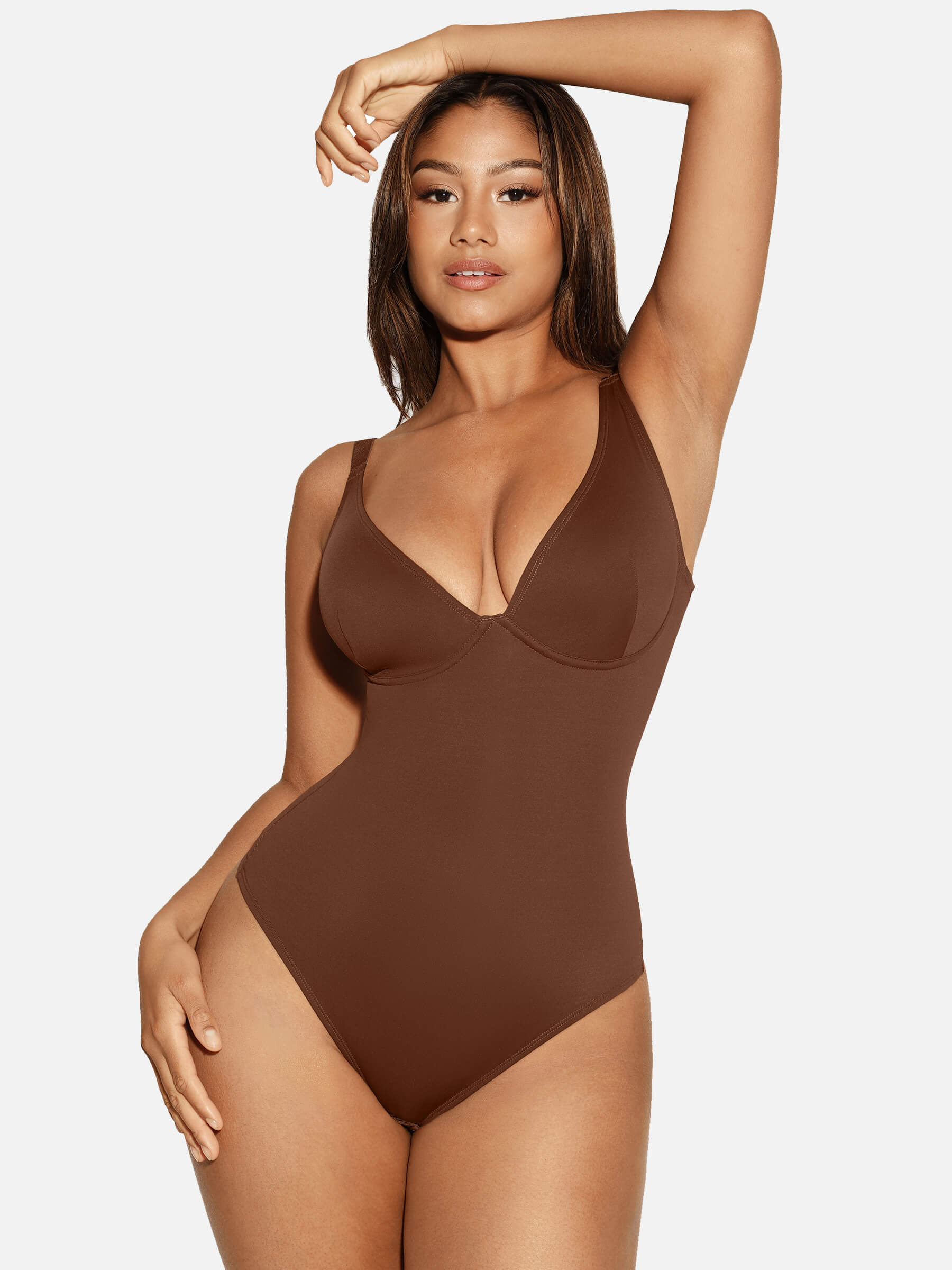 V-Neck Tummy Control Sculpt Bodysuit - V-neck Thong - Khaki - View 16