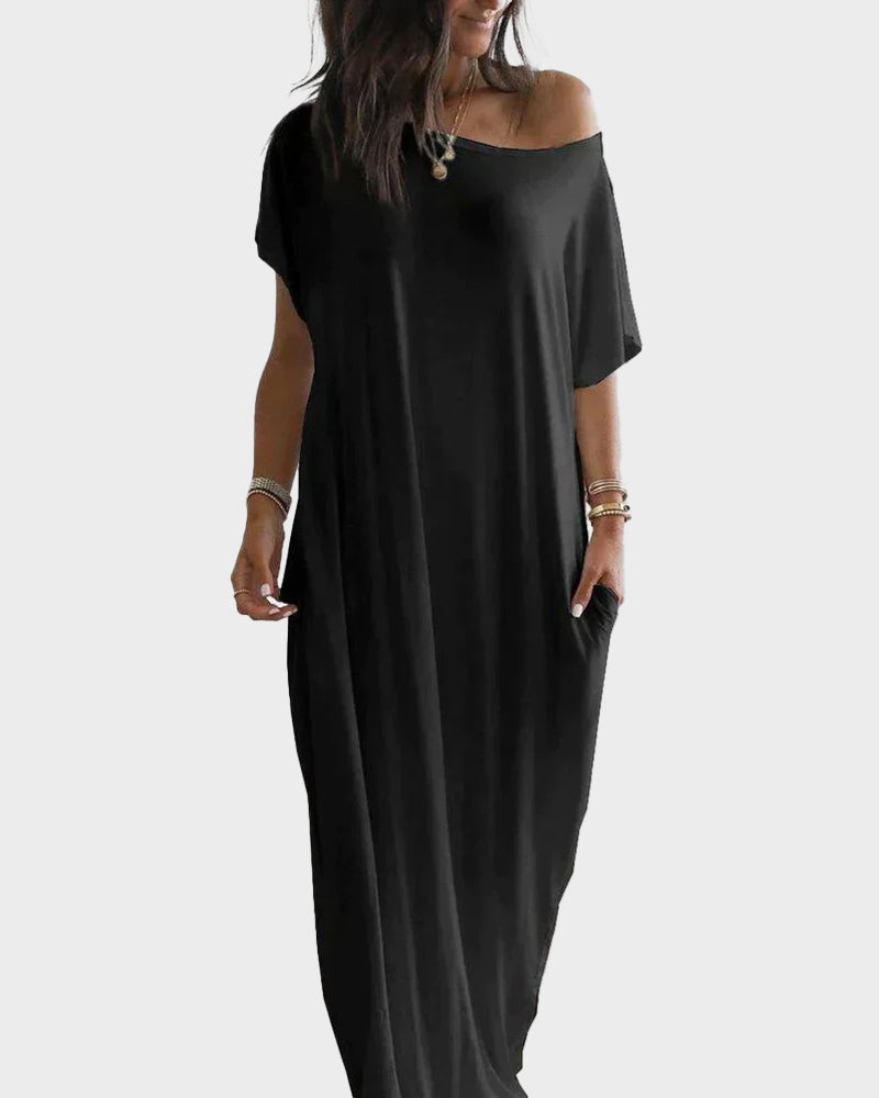 LilyCurve Off-Shoulder Batwing Sleeve Maxi Lounge Dress in WH