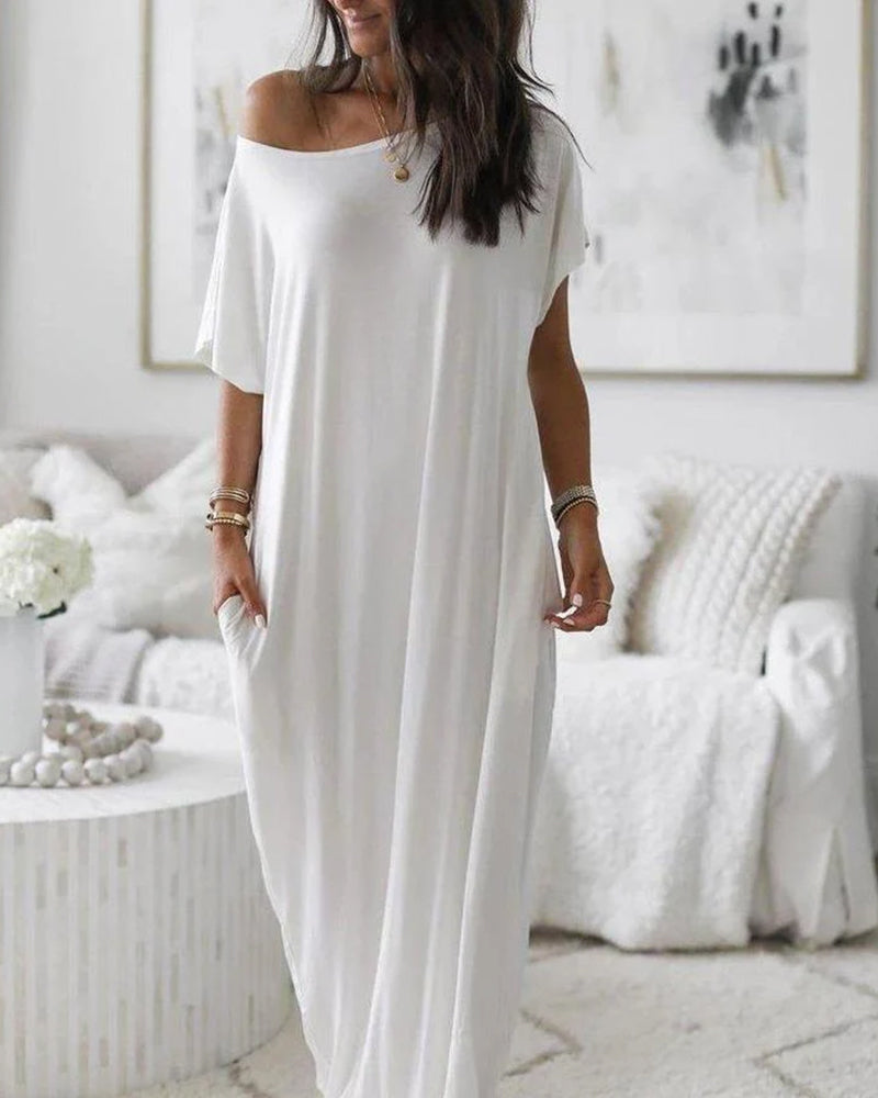 LilyCurve Off-Shoulder Batwing Sleeve Maxi Lounge Dress in WH