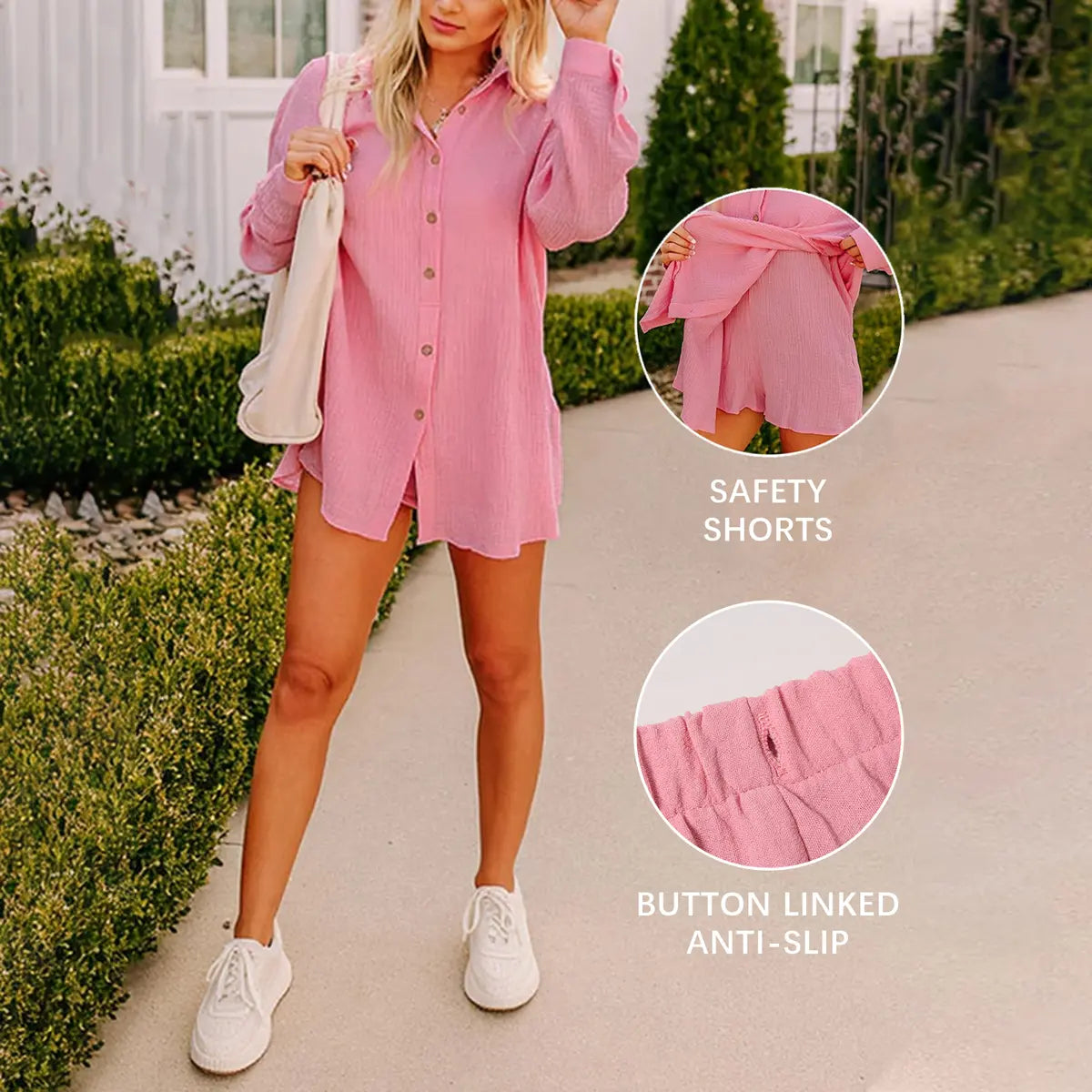 LilyCurve Gauze Shirt & Shorts 2-in-1 Button Connected Set - Pink
