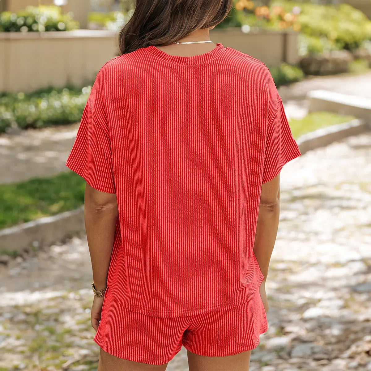 LilyCurve Twisted Thread 2-Piece Lounge Set - Short Sleeve Shirt & Shorts with Pockets - View 16