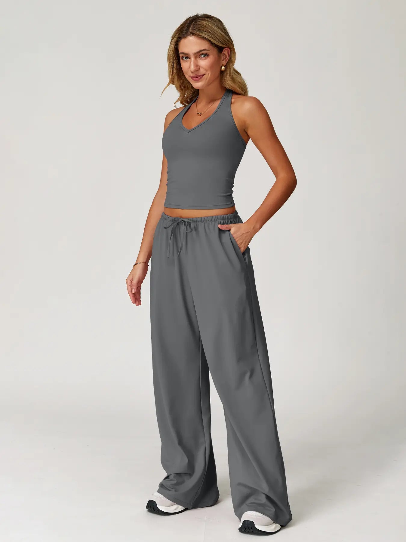 LilyCurve Halter Neck Top & Wide Leg Pants Sports Set - Lemon Yellow