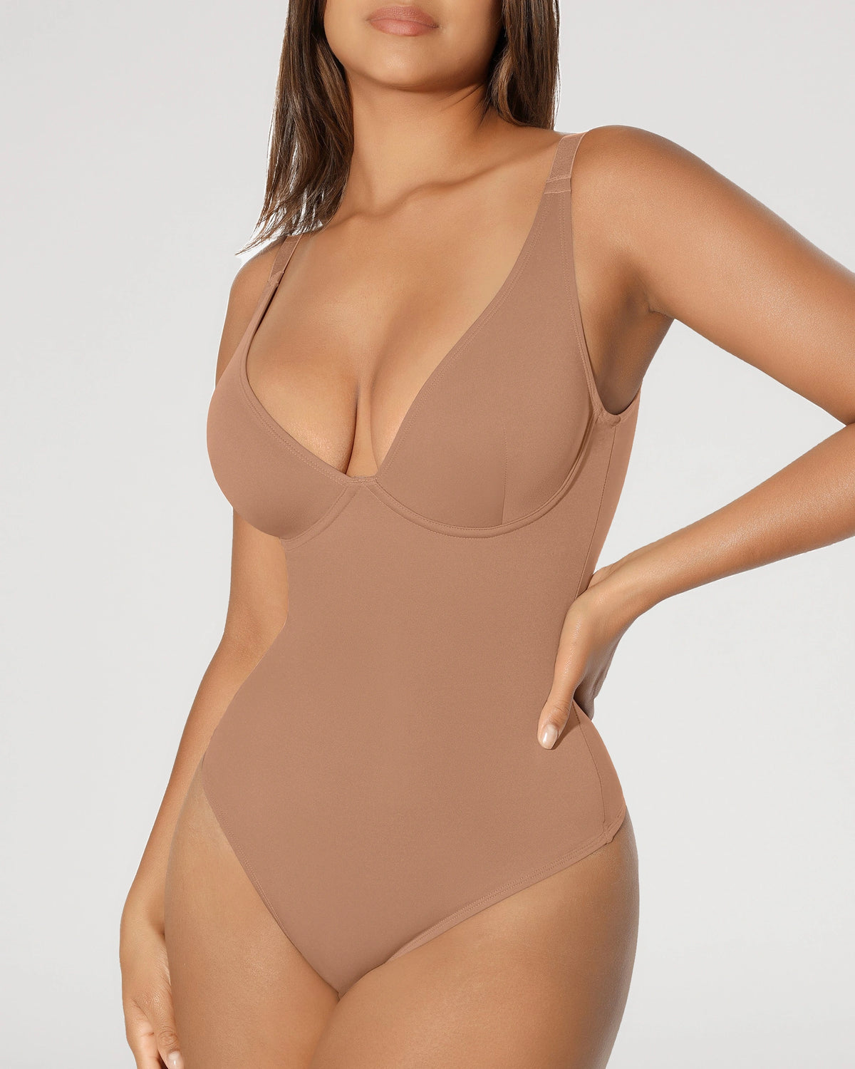 Model-style fit view of the V Neck Tummy Control Sculpt Bodysuit | LilyCurve