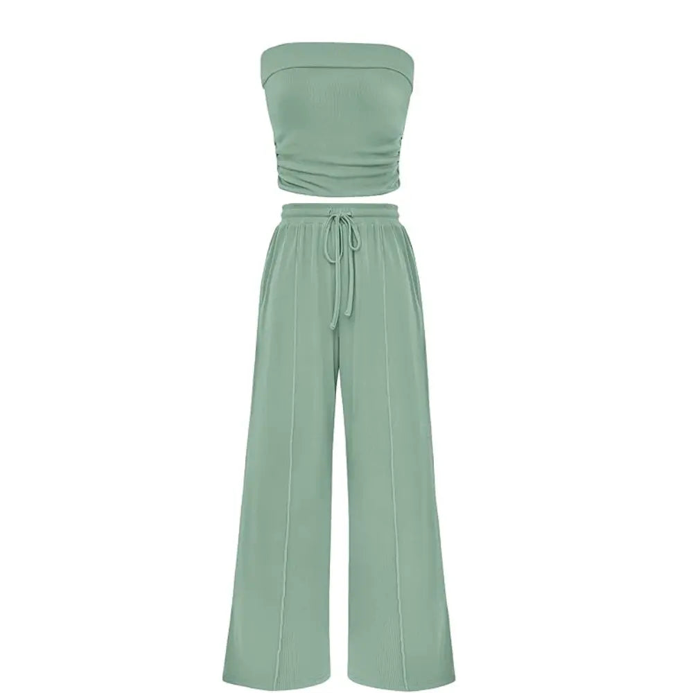 LilyCurve Summer Ribbed Crop Top & Shorts 2-Piece Set - Blue Green