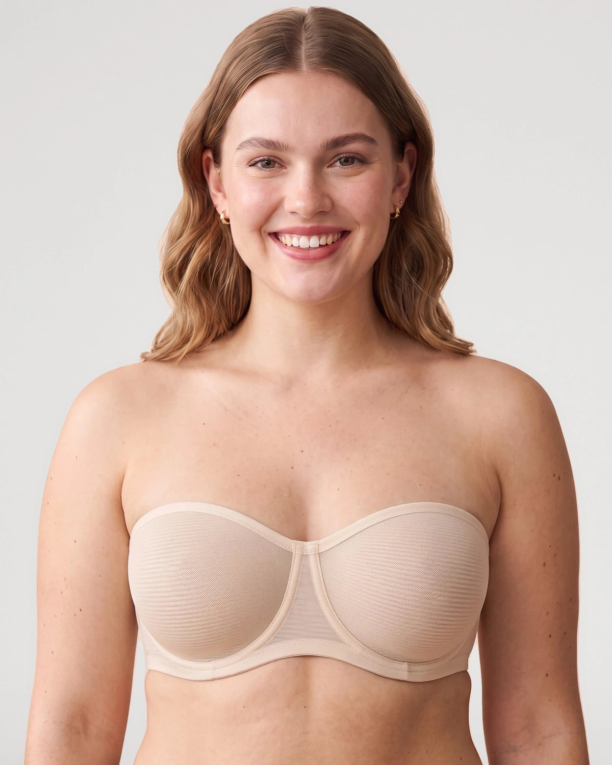 Fabric and finish detail on the Sheer Mesh Unlined Underwire Strapless Balconette Bra | LilyCurve