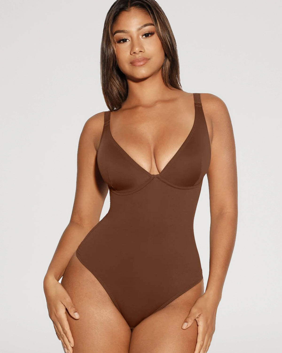 Soft contour view of the V Neck Tummy Control Sculpt Bodysuit | LilyCurve