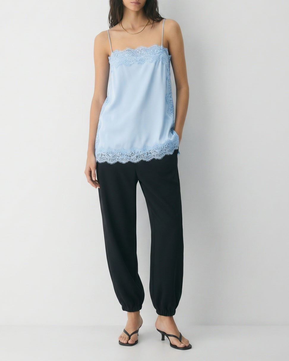 Contrast Black Lace Trim Satin Camisole Top