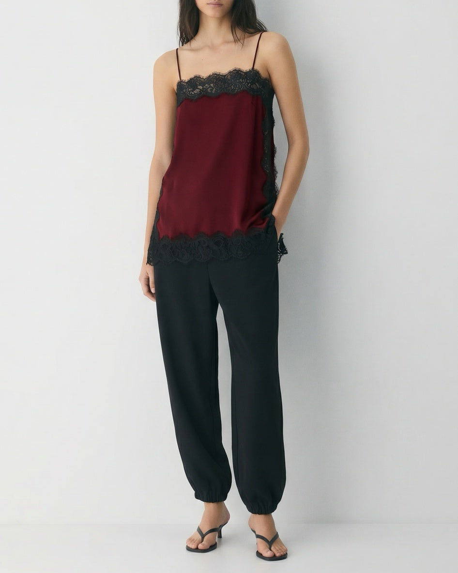 Contrast Black Lace Trim Satin Camisole Top