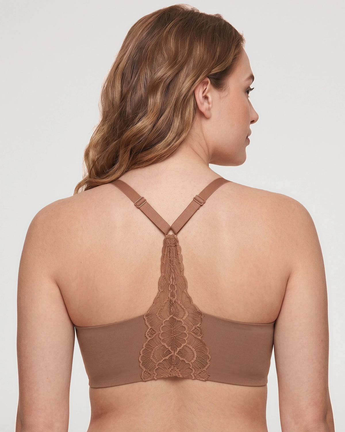 Front fit view of the Lace Jelly Deep V Racerback Bralette | LilyCurve