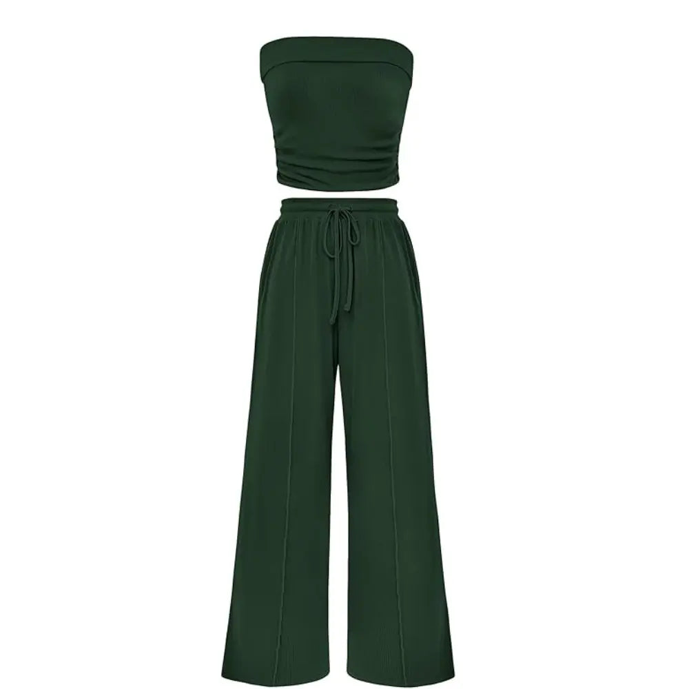 LilyCurve Summer Ribbed Crop Top & Shorts 2-Piece Set - Blue Green