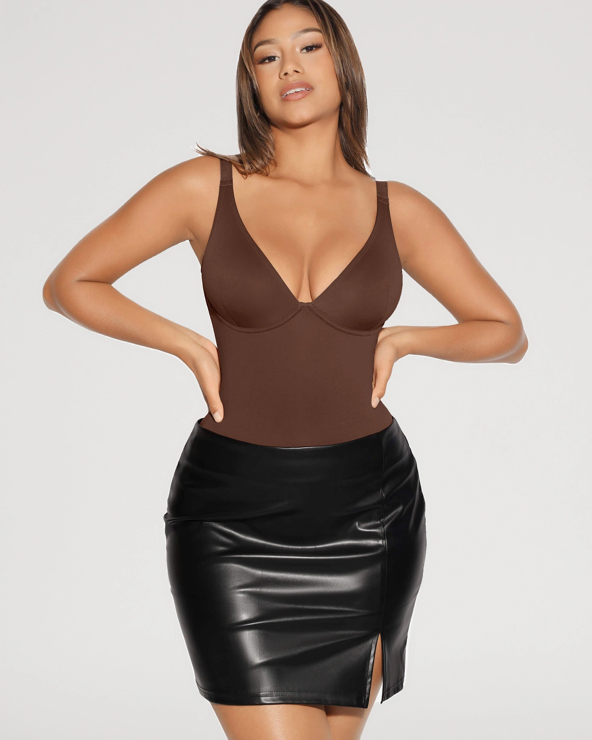 Studio fit image for the V Neck Tummy Control Sculpt Bodysuit | LilyCurve