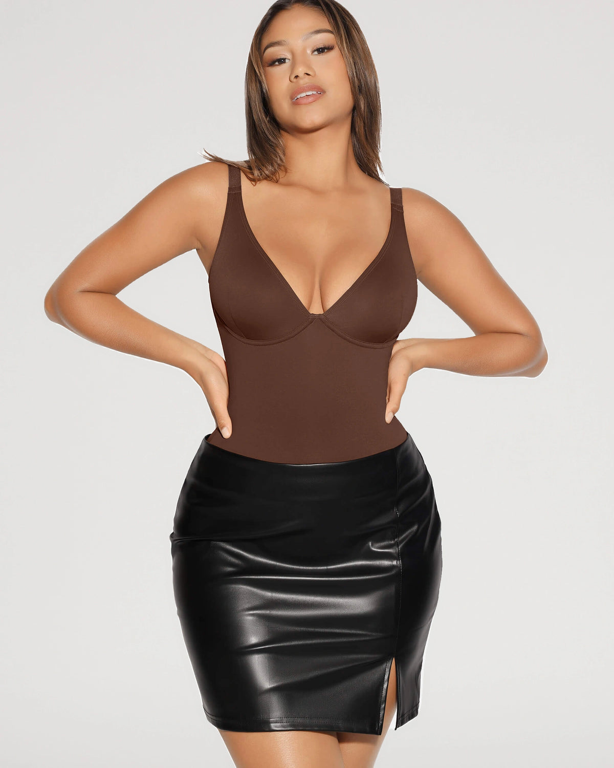 Studio fit image for the V Neck Tummy Control Sculpt Bodysuit | LilyCurve