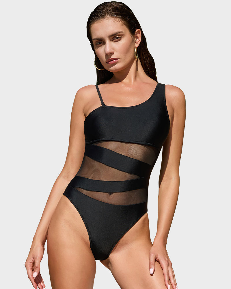 LilyCurve One Shoulder Mesh Insert High Cut One-Piece Swimsuit in BK