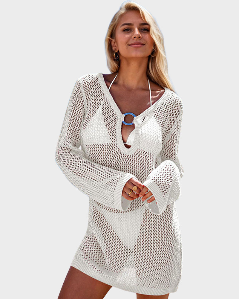 LilyCurve Deep Plunge Long Sleeve Beach Crochet Cover Up Dress in WH