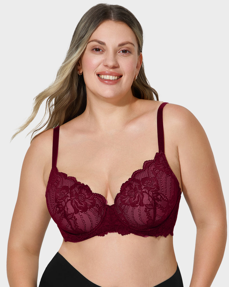 LilyCurve Lace Full Coverage Push Up Bra in RD