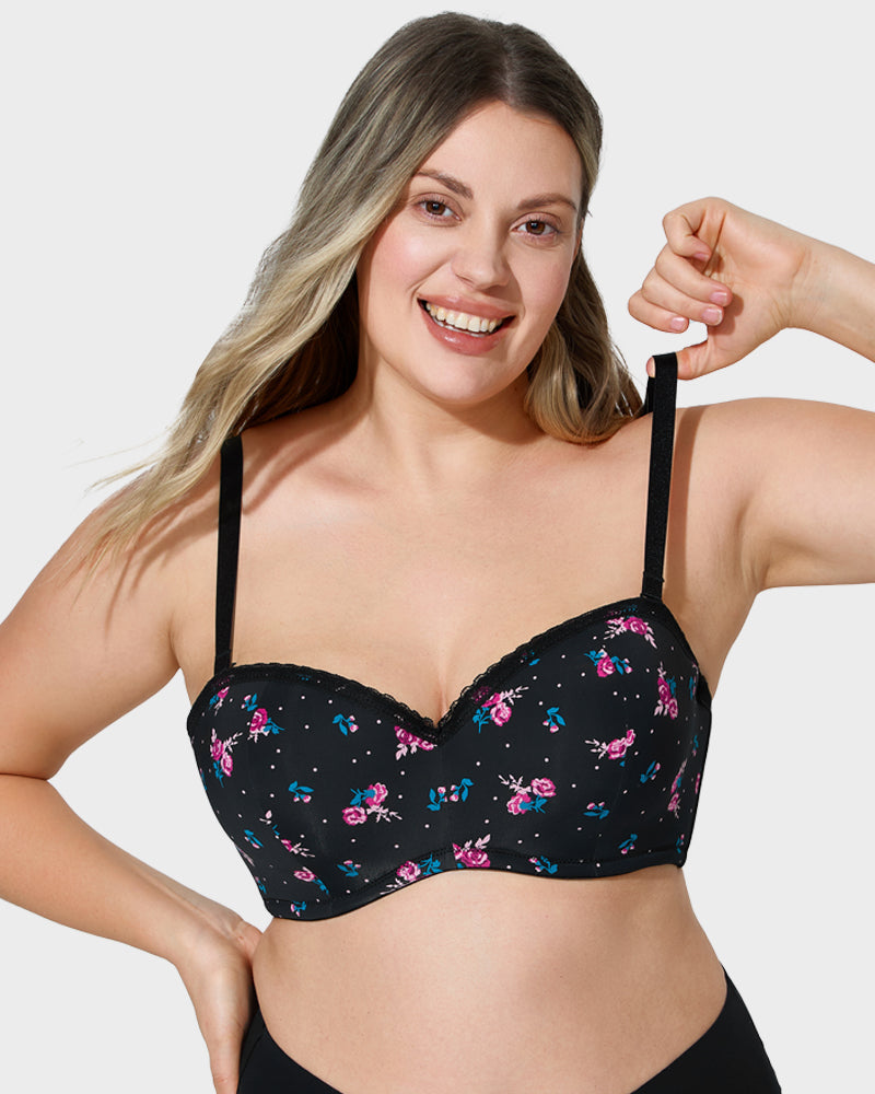 LilyCurve Lace Trim Molded Cup Underwire Bra with Removable Straps in BK