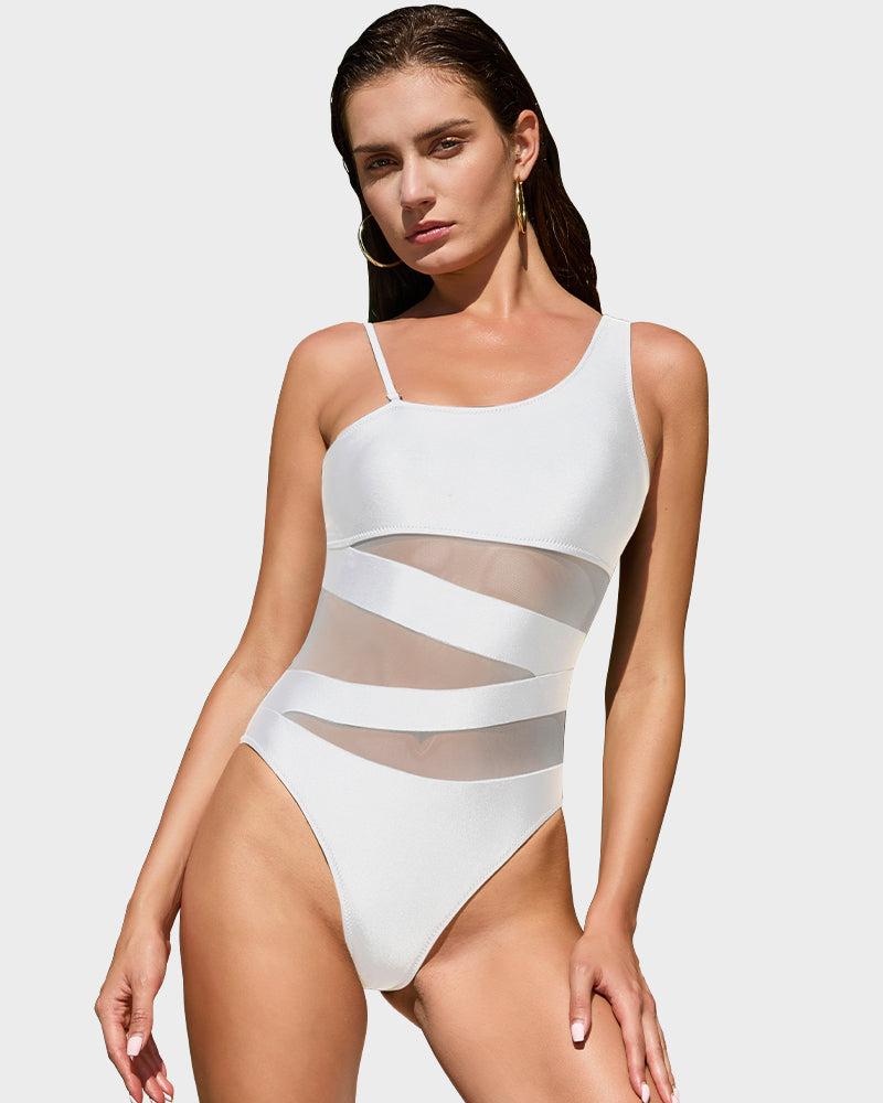 LilyCurve One Shoulder Mesh Insert High Cut One-Piece Swimsuit in PK