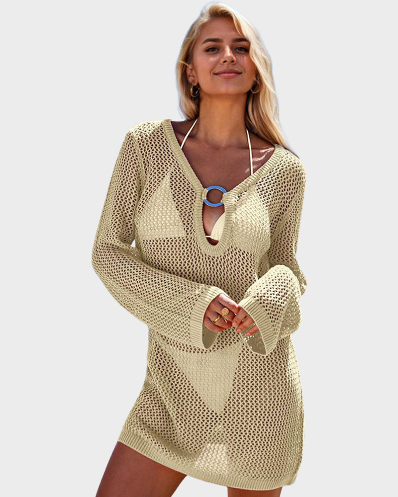 LilyCurve Deep Plunge Long Sleeve Beach Crochet Cover Up Dress in NU