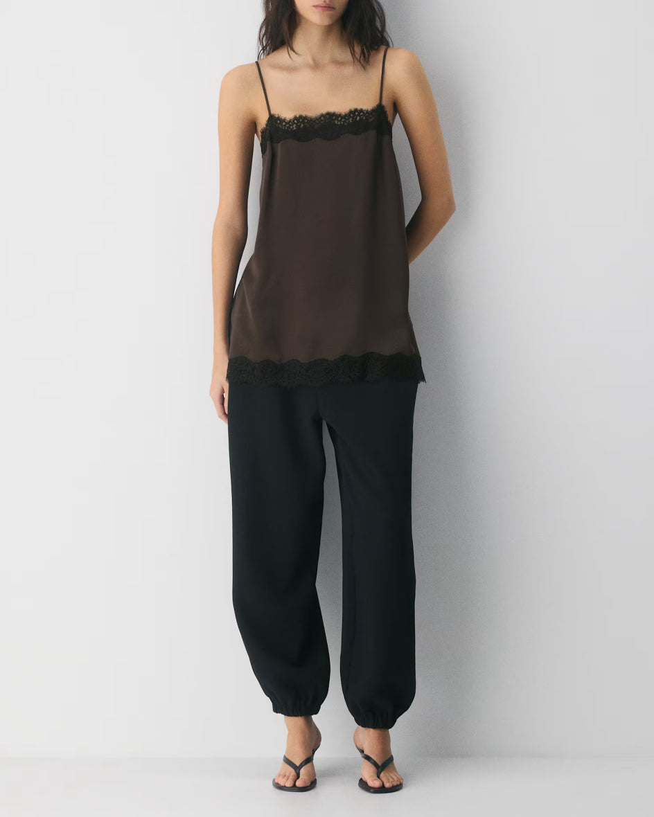 Contrast Black Lace Trim Satin Camisole Top